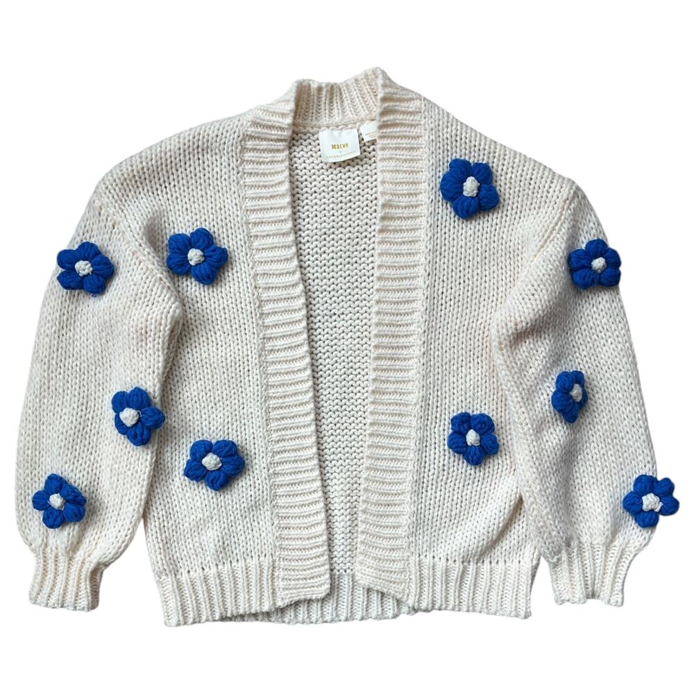 Maeve by Anthropologie Susannah 3D Flower Cardigan Sweater Cream Blue One Size